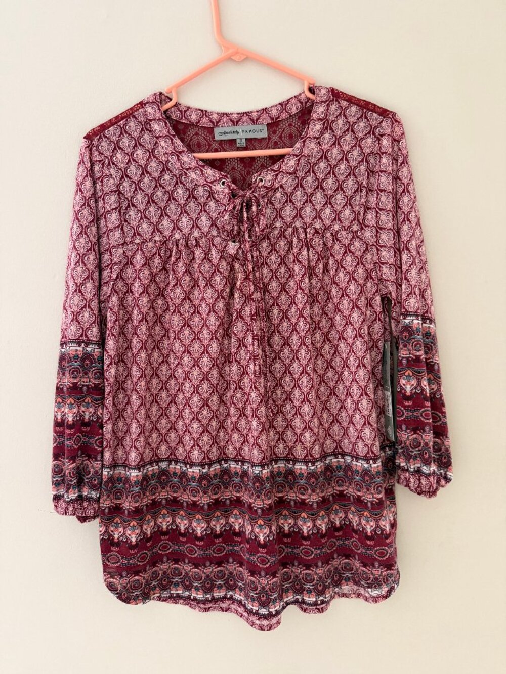 BRAND NEW ABSOLUTELY FAMOUS MAROON BURGUNDY PATTERNED WOMENS SHIRT FRONT TIE S